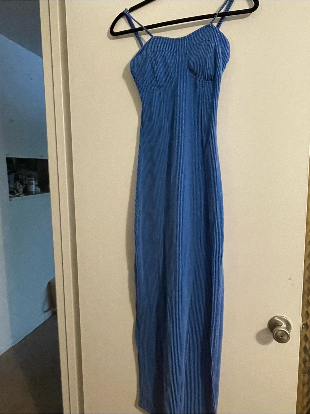 Sleek Blue Ribbed Maxi Slip Dress with Spaghetti Straps